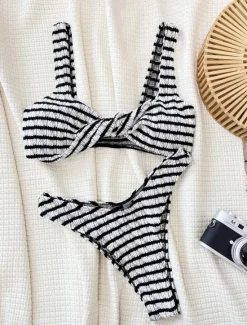 Clearance Women's Swimwear Bikini 2 Piece Cheeky Swimsuit Backless Slim Vacation Beach Wear Stripe V Neck Sleeveless Bathing Suits Women Bikinis