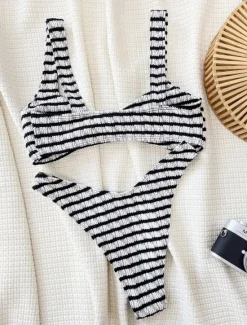 Clearance Women's Swimwear Bikini 2 Piece Cheeky Swimsuit Backless Slim Vacation Beach Wear Stripe V Neck Sleeveless Bathing Suits Women Bikinis