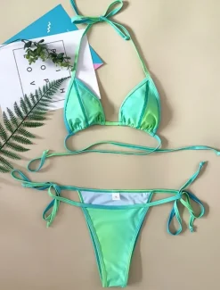 Outlet Women's Swimwear Bikini 2 Piece Cheeky Swimsuit Backless Slim Vacation Beach Wear Solid Color Halter Neck Sleeveless Bathing Suits Women Bikinis