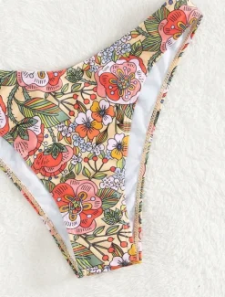 Clearance Women's Swimwear Bikini 2 Piece Cheeky Swimsuit Backless Slim Vacation Beach Wear Floral Round Neck Sleeveless Bathing Suits Women Bikinis