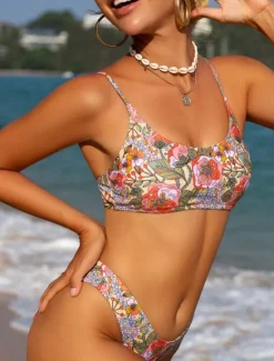 Clearance Women's Swimwear Bikini 2 Piece Cheeky Swimsuit Backless Slim Vacation Beach Wear Floral Round Neck Sleeveless Bathing Suits Women Bikinis