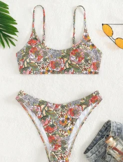 Clearance Women's Swimwear Bikini 2 Piece Cheeky Swimsuit Backless Slim Vacation Beach Wear Floral Round Neck Sleeveless Bathing Suits Women Bikinis