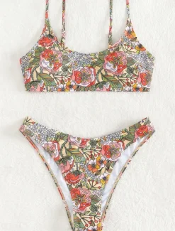 Clearance Women's Swimwear Bikini 2 Piece Cheeky Swimsuit Backless Slim Vacation Beach Wear Floral Round Neck Sleeveless Bathing Suits Women Bikinis