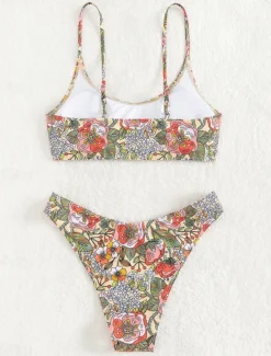 Clearance Women's Swimwear Bikini 2 Piece Cheeky Swimsuit Backless Slim Vacation Beach Wear Floral Round Neck Sleeveless Bathing Suits Women Bikinis