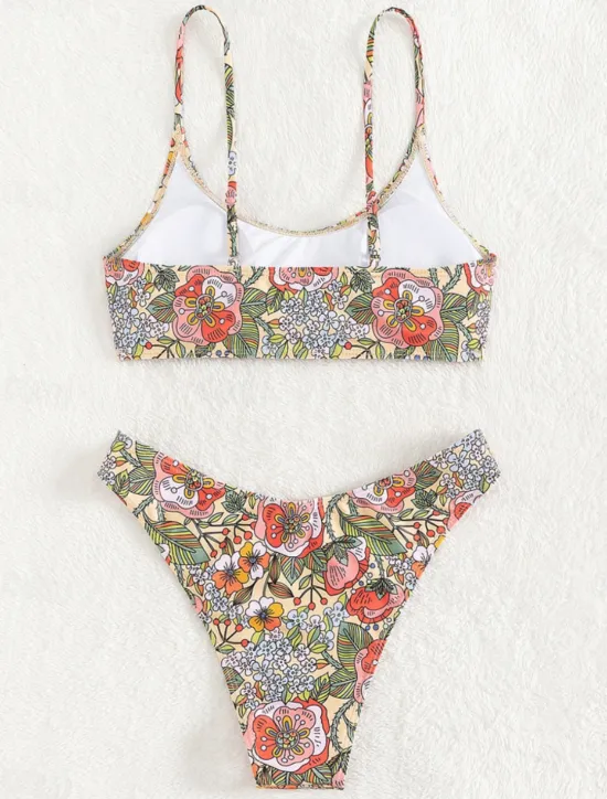 Clearance Women's Swimwear Bikini 2 Piece Cheeky Swimsuit Backless Slim Vacation Beach Wear Floral Round Neck Sleeveless Bathing Suits Women Bikinis