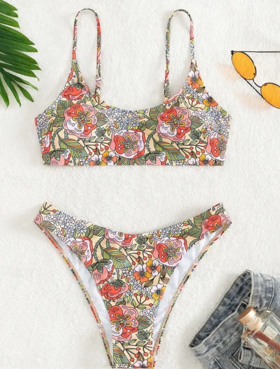 Clearance Women's Swimwear Bikini 2 Piece Cheeky Swimsuit Backless Slim Vacation Beach Wear Floral Round Neck Sleeveless Bathing Suits Women Bikinis