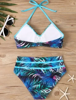Women's Swimwear Bikini 2 Piece Briefs Swimsuit Backless Slim High Waisted Vacation Beach Wear Leaves Halter Neck Sleeveless Bathing Suits Women Bikinis