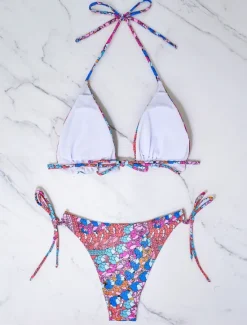 New Women's Swimwear Bikini 2 Piece Cheeky Swimsuit Backless Slim Vacation Beach Wear Geometric Halter Neck Sleeveless Bathing Suits Women Bikinis