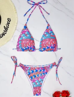 New Women's Swimwear Bikini 2 Piece Cheeky Swimsuit Backless Slim Vacation Beach Wear Geometric Halter Neck Sleeveless Bathing Suits Women Bikinis