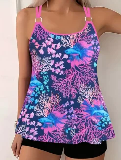 Clearance Women's Swimwear Bikini 2 Piece Boy Leg Swimsuit Backless Slim Vacation Beach Wear Graphic U Neck Sleeveless Bathing Suits Women Tankinis|Bikinis