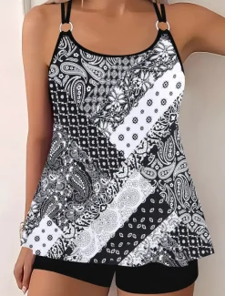 Clearance Women's Swimwear Bikini 2 Piece Boy Leg Swimsuit Backless Slim Vacation Beach Wear Graphic U Neck Sleeveless Bathing Suits Women Tankinis|Bikinis