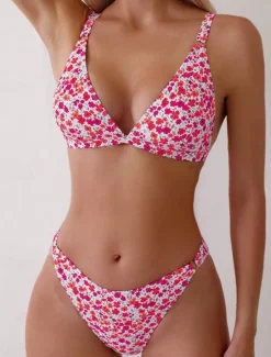 New Women's Swimwear Bikini 2 Piece Cheeky Swimsuit Backless Slim Vacation Beach Wear Floral V Neck Sleeveless Bathing Suits Women Bikinis|Leopard Swimwear