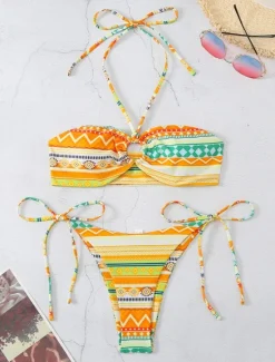 New Women's Swimwear Bikini 2 Piece Thong Swimsuit Backless High Waist Slim Vacation Vintage Geometric Halter Neck Sleeveless Bathing Suits Women Bikinis