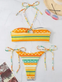 New Women's Swimwear Bikini 2 Piece Thong Swimsuit Backless High Waist Slim Vacation Vintage Geometric Halter Neck Sleeveless Bathing Suits Women Bikinis