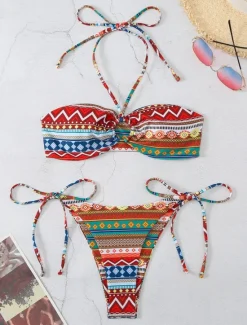 New Women's Swimwear Bikini 2 Piece Thong Swimsuit Backless High Waist Slim Vacation Vintage Geometric Halter Neck Sleeveless Bathing Suits Women Bikinis