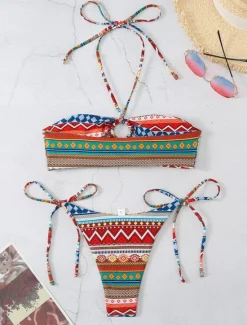 New Women's Swimwear Bikini 2 Piece Thong Swimsuit Backless High Waist Slim Vacation Vintage Geometric Halter Neck Sleeveless Bathing Suits Women Bikinis