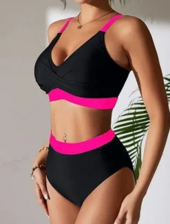 Best Women's Swimwear Bikini 2 Piece Briefs Swimsuit Backless Slim High Waisted Vacation Beach Wear Solid Color V Neck Sleeveless Bathing Suits Women Bikinis