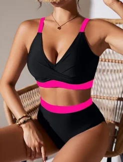 Best Women's Swimwear Bikini 2 Piece Briefs Swimsuit Backless Slim High Waisted Vacation Beach Wear Solid Color V Neck Sleeveless Bathing Suits Women Bikinis
