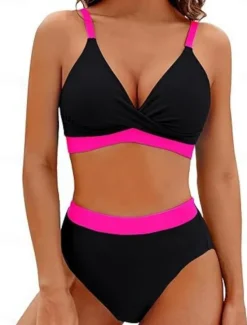 Best Women's Swimwear Bikini 2 Piece Briefs Swimsuit Backless Slim High Waisted Vacation Beach Wear Solid Color V Neck Sleeveless Bathing Suits Women Bikinis
