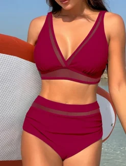 Clearance Women's Swimwear Bikini 2 Piece Briefs Swimsuit Mesh Backless High Waist Slim Vacation Beach Wear Solid Color Halter Neck Sleeveless Bathing Suits Women Bikinis
