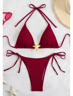 Women's Swimwear Bikini 2 Piece Swimsuit Backless Tropical Beach Wear Plain Halter Neck Sleeveless Bathing Suits Women Bikinis