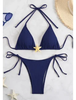 Women's Swimwear Bikini 2 Piece Swimsuit Backless Tropical Beach Wear Plain Halter Neck Sleeveless Bathing Suits Women Bikinis