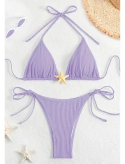 Women's Swimwear Bikini 2 Piece Swimsuit Backless Tropical Beach Wear Plain Halter Neck Sleeveless Bathing Suits Women Bikinis