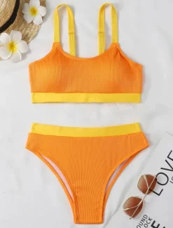Best Women's Swimwear Bikini 2 Piece Cheeky Swimsuit Backless Slim Vacation Beach Wear Solid Color U Neck Sleeveless Bathing Suits Women Bikinis