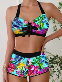 Outlet Women's Swimwear Bikini 2 Piece Boy Leg Swimsuit Backless Slim Vacation Beach Wear Graphic Halter Neck Sleeveless Bathing Suits Women Bikinis