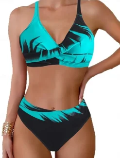 Discount Women's Swimwear Bikini 2 Piece Cheeky Swimsuit Backless Slim Vacation Beach Wear Graphic V Neck Sleeveless Bathing Suits Women Bikinis