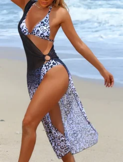 New Women's Swimwear Bikini 2 Piece Skirt Swimsuit Backless Slim Vacation Beach Wear Halter Neck Sleeveless Bathing Suits Women Leopard Swimwear|Bikinis