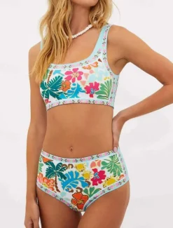 Best Women's Swimwear Bikini 2 Piece Cheeky Swimsuit Backless Slim Vacation Beach Wear Floral Halter Neck Sleeveless Bathing Suits Women Bikinis