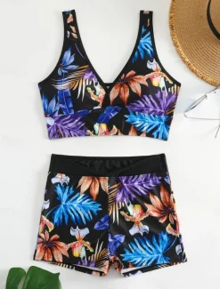 Clearance Women's Swimwear Bikini 2 Piece Boy Leg Swimsuit Backless High Waist Slim Vacation Beach Wear Floral Leaves V Neck Sleeveless Bathing Suits Women Bikinis