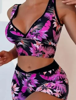 Clearance Women's Swimwear Bikini 2 Piece Boy Leg Swimsuit Backless High Waist Slim Vacation Beach Wear Floral Leaves V Neck Sleeveless Bathing Suits Women Bikinis