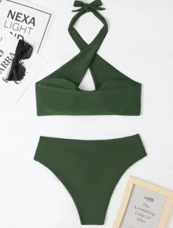 Online Women's Swimwear Bikini 2 Piece Cheeky Swimsuit Backless High Waist Slim Vacation Beach Wear Solid Color Halter Neck Sleeveless Bathing Suits Women Bikinis