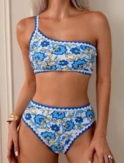 Outlet Women's Swimwear Bikini 2 Piece Briefs Swimsuit Backless High Waist Slim Vacation Beach Wear Floral Asymmetric Neck Sleeveless Bathing Suits Women Bikinis