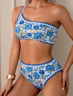 Outlet Women's Swimwear Bikini 2 Piece Briefs Swimsuit Backless High Waist Slim Vacation Beach Wear Floral Asymmetric Neck Sleeveless Bathing Suits Women Bikinis