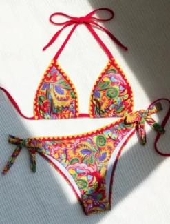 New Women's Swimwear Bikini 2 Piece Cheeky Swimsuit Backless Slim Vacation Beach Wear Paisley Halter Neck Sleeveless Bathing Suits Women Bikinis