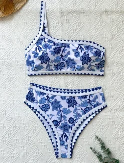 Women's Swimwear Bikini 2 Piece Briefs Swimsuit Backless Slim Vacation Beach Wear Floral Asymmetric Neck Sleeveless Bathing Suits Women Bikinis