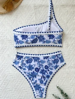 Women's Swimwear Bikini 2 Piece Briefs Swimsuit Backless Slim Vacation Beach Wear Floral Asymmetric Neck Sleeveless Bathing Suits Women Bikinis