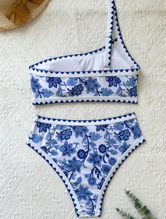 Women's Swimwear Bikini 2 Piece Briefs Swimsuit Backless Slim Vacation Beach Wear Floral Asymmetric Neck Sleeveless Bathing Suits Women Bikinis