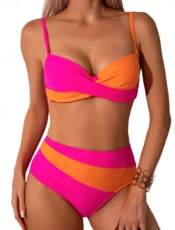 Hot Women's Swimwear Bikini 2 Piece Briefs Swimsuit Backless Slim Vacation Beach Wear Color Block V Neck Sleeveless Bathing Suits Women Bikinis