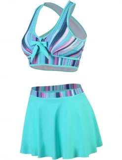 Outlet Women's Swimwear Bikini 2 Piece Skirt Swimsuit Backless Slim Vacation Beach Wear Stripe Halter Neck Sleeveless Bathing Suits Women Bikinis