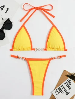 Sale Women's Swimwear Bikini 2 Piece Thong Swimsuit Backless Patchwork Slim Vacation Beach Wear Solid Color V Neck Sleeveless Bathing Suits Women Bikinis