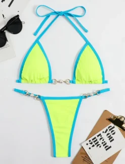 Sale Women's Swimwear Bikini 2 Piece Thong Swimsuit Backless Patchwork Slim Vacation Beach Wear Solid Color V Neck Sleeveless Bathing Suits Women Bikinis