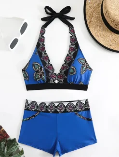 Clearance Women's Swimwear Bikini 2 Piece Boy Leg Swimsuit Backless Slim Vacation Beach Wear Graphic V Neck Sleeveless Bathing Suits Women Bikinis