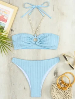 New Women's Swimwear Bikini 2 Piece Cheeky Swimsuit Backless Slim Vacation Beach Wear Solid Color Halter Neck Sleeveless Bathing Suits Women Bikinis