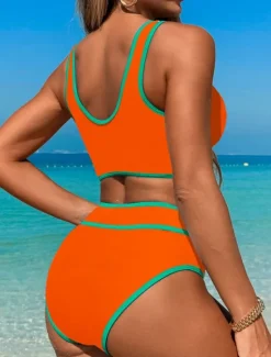 New Women's Swimwear Bikini 2 Piece Briefs Swimsuit Backless Slim Vacation Beach Wear Solid Color V Neck Sleeveless Bathing Suits Women Bikinis