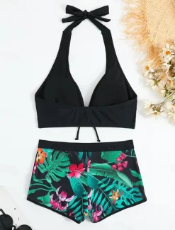 Hot Women's Swimwear Bikini 2 Piece Boy Leg Swimsuit Backless High Waist Slim Vacation Beach Wear Graphic Halter Neck Sleeveless Bathing Suits Women Bikinis