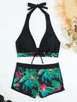 Hot Women's Swimwear Bikini 2 Piece Boy Leg Swimsuit Backless High Waist Slim Vacation Beach Wear Graphic Halter Neck Sleeveless Bathing Suits Women Bikinis